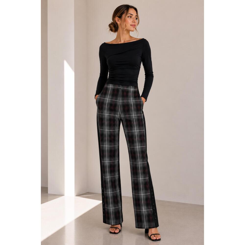 NEW PIER ANTONIO GASPARI high-rise relaxed pants in white/ grey/ red plaid